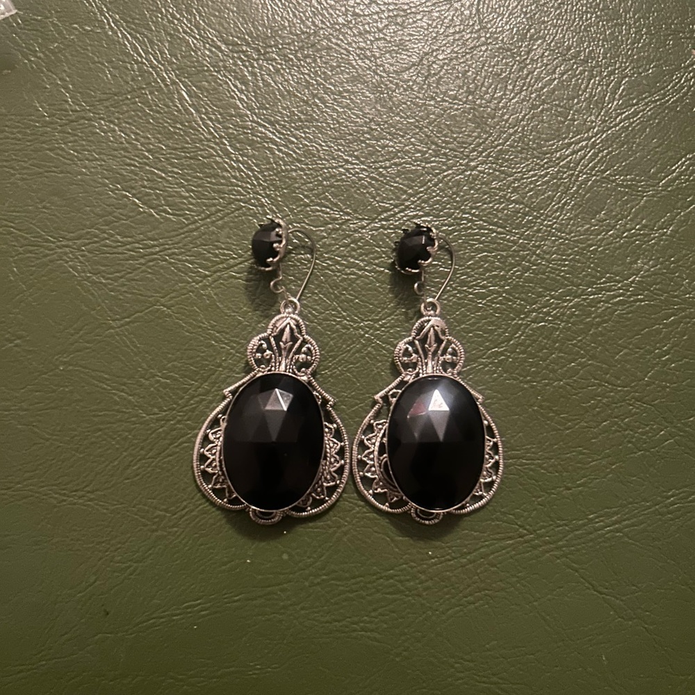 Boho Long Black Onyx Sterling Silver Earrings, Facetted Statement Nepali Hippie